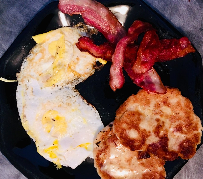 Bacon, eggs, coconut naan